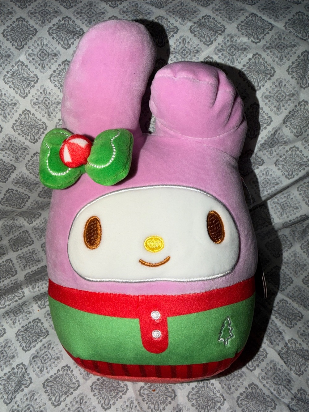 Sanrio My Melody Pink Plush with Green and Red Holiday Outfit